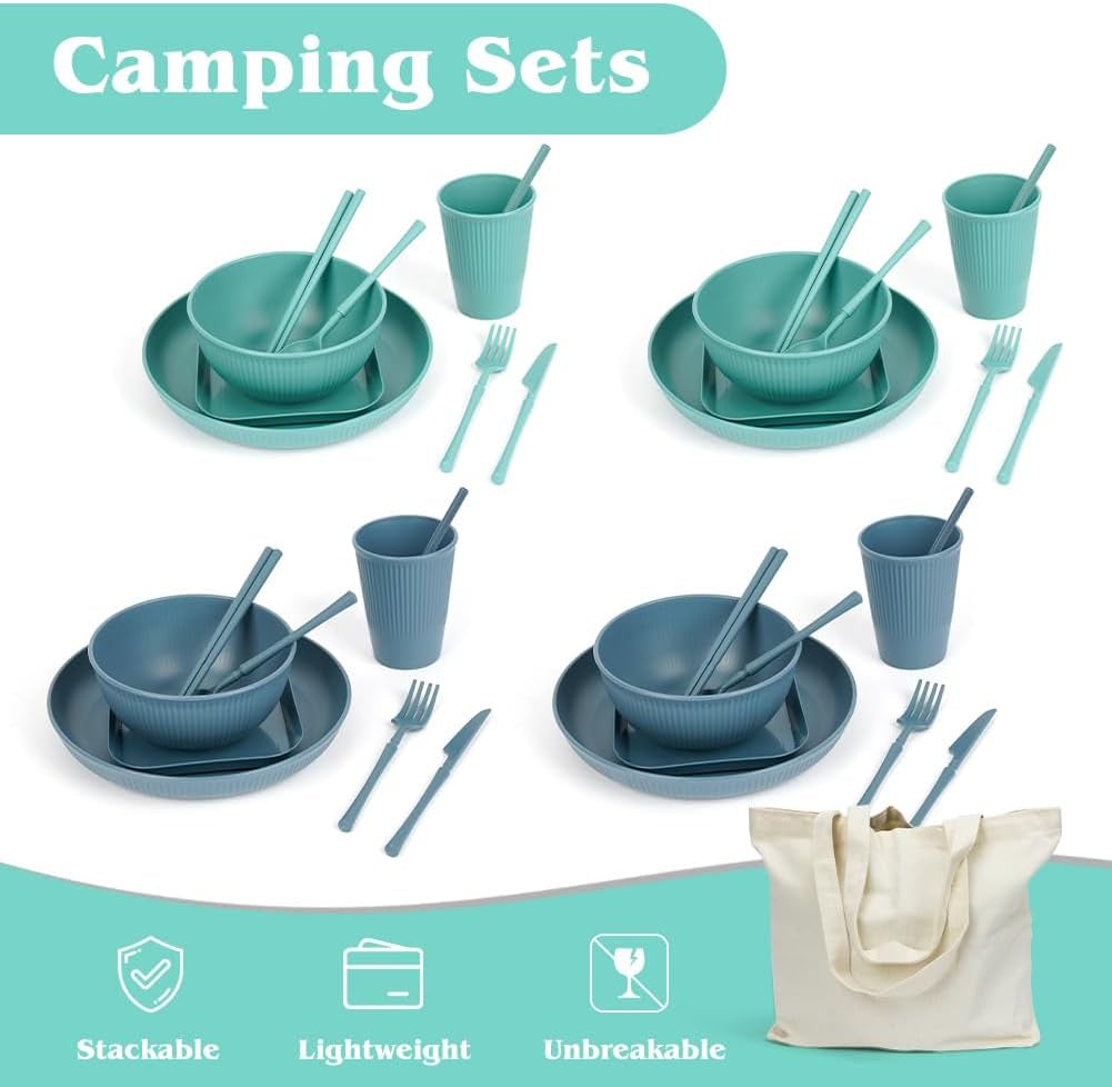 Juego de vajilla de camping para 4 personas, 53 piezas, vajilla de camping indestructible para 4 personas, vajilla de plástico ligero con bolsa de transporte, platos y cuencos apilables, vajilla de picnic para jardín y barbacoa