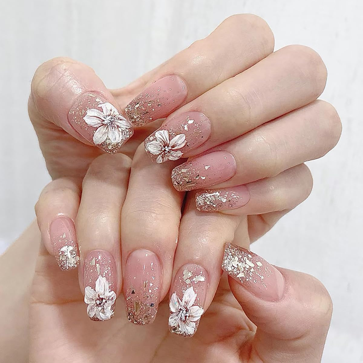 Uñas artificiales con purpurina Natural, prensa corta sobre uñas acrílicas autoadhesivas con purpurina para mujeres y niñas, accesorios para decoración de uñas, 48 ​​Uds.