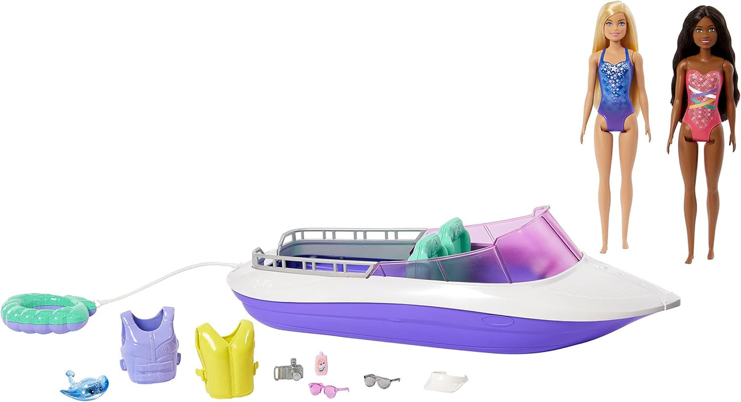 Barbie HHG60 - Barco a Motor Sirena con 2 Muñecas (Rubia/Morena) y Varios Accesorios, Juguete para Niños a Partir de 3 Años