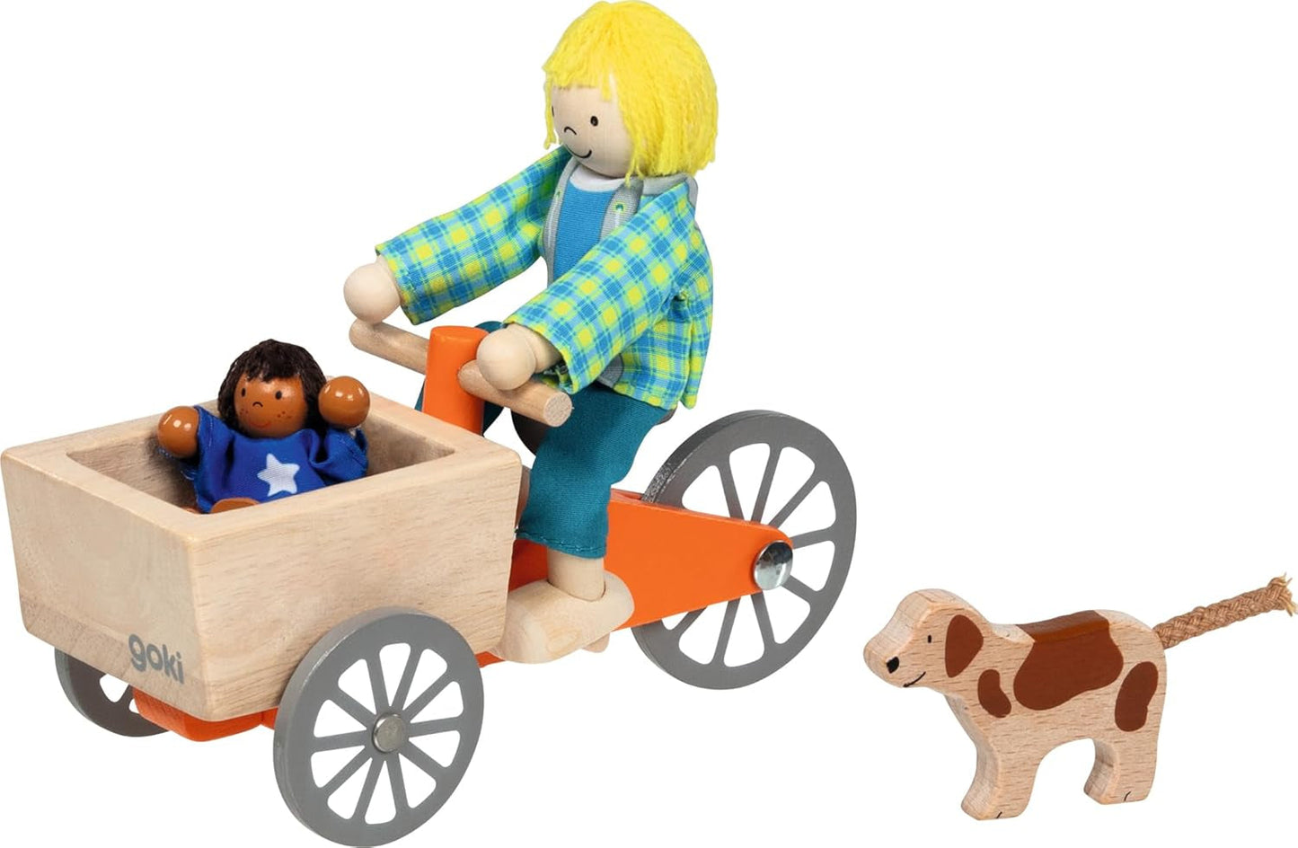 Bicicleta de carga con 2 muñecos flexibles y un perro: Bicicleta de carga: 16 x 6,8 x 7,5 cm, madera, tela, 4 piezas, por juego, marrón