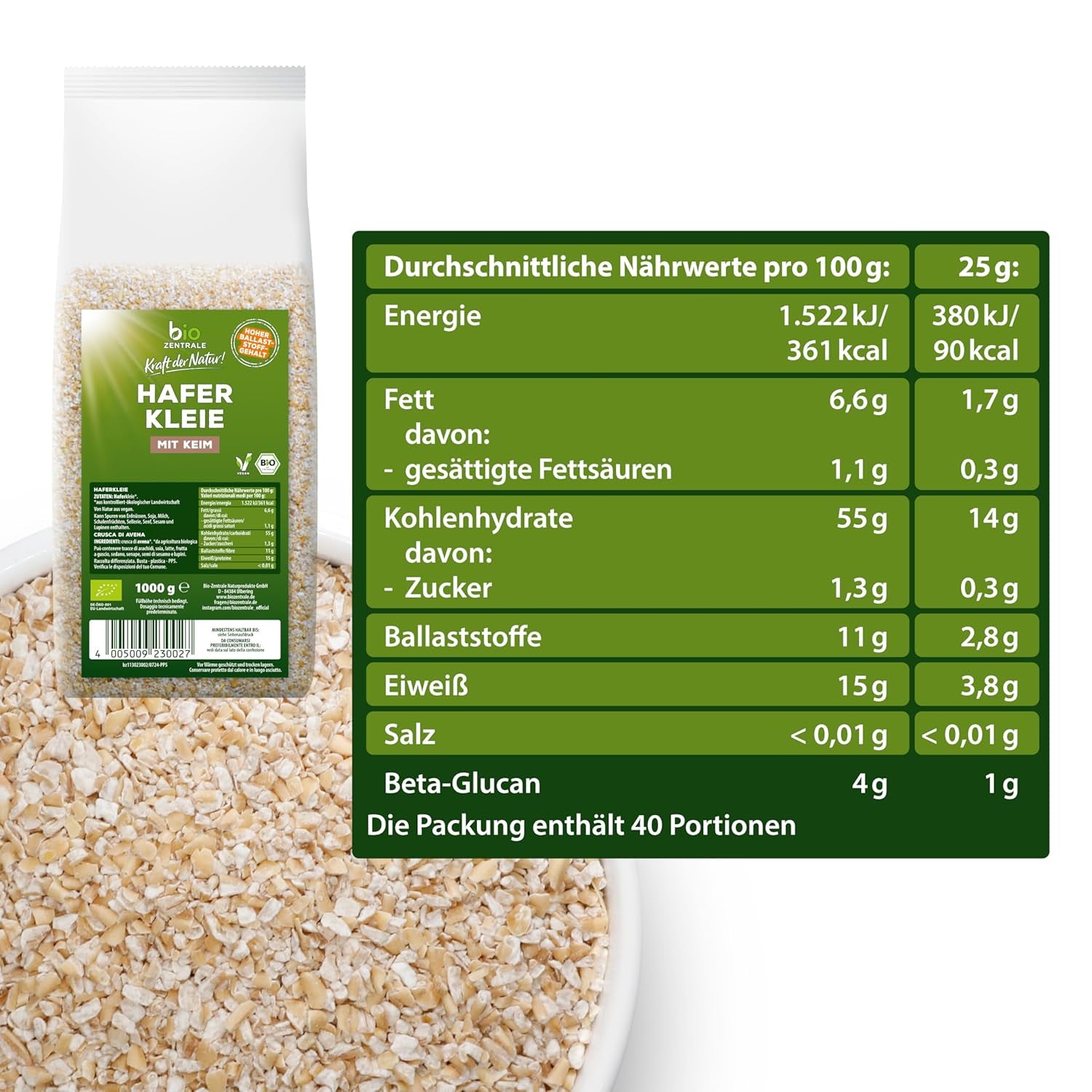 Salvado de avena ecológico Biocentral 1 kg | Paquete ventajoso | Fuente de proteína alta en fibra | Naturalmente vegano | De la agricultura de la UE | Bajo contenido de azúcar