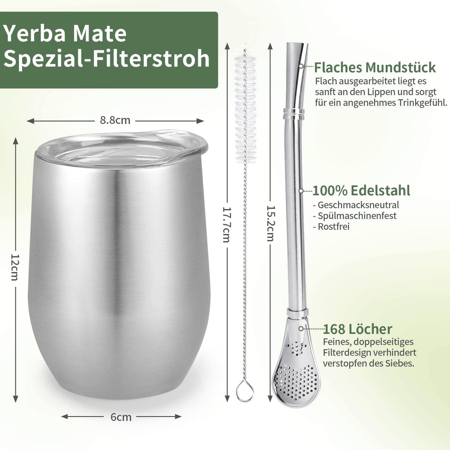 Taza Mate Moderna 340ml, Juego de Tazas de Yerba Mate de Acero Inoxidable con Doble Pared Aislante, Taza de Té Mate con Tapa Libre de BPA, Bombillas y Cepillo de Limpieza (Plata)