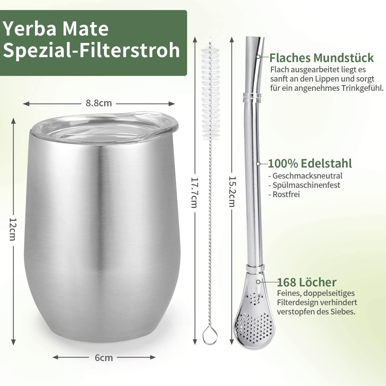 Taza Mate Moderna 340ml, Juego de Tazas de Yerba Mate de Acero Inoxidable con Doble Pared Aislante, Taza de Té Mate con Tapa Libre de BPA, Bombillas y Cepillo de Limpieza (Plata)