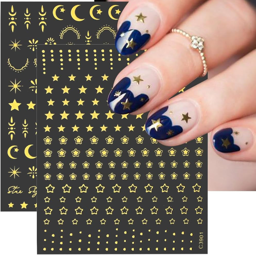 Hojas de pegatinas para uñas de estrella y luna doradas, alas de ángel, pegatinas para uñas de color dorado tostado, estrellas, láminas para uñas, pegatinas para uñas, accesorios de diseño de uñas, pegatinas para uñas