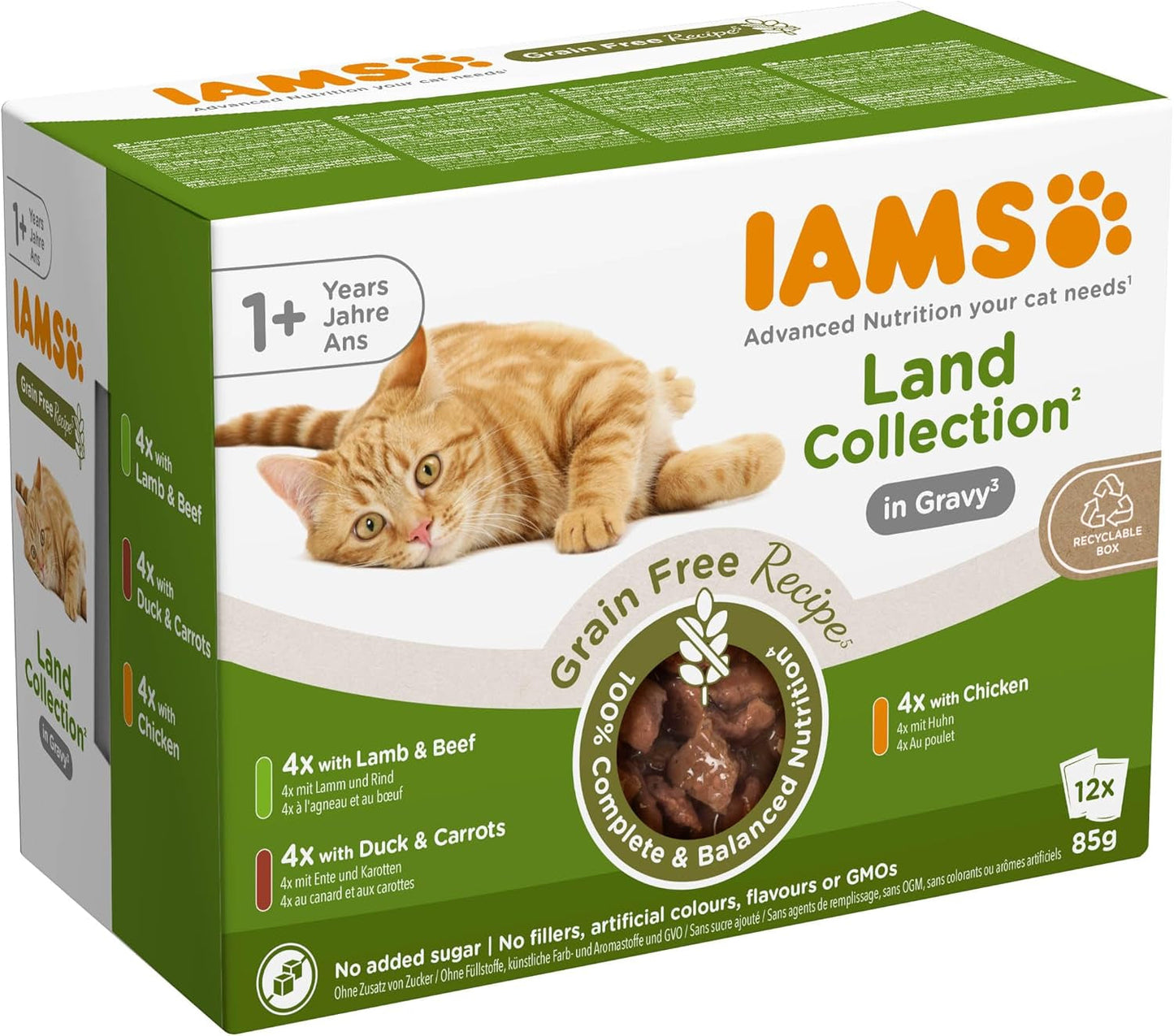 IAMS Delights Land Collection Comida húmeda para gatos sin cereales - Paquete variado de carne Paquete múltiple Comida húmeda sin cereales para gatos de 1 año y más 12 x 85 g