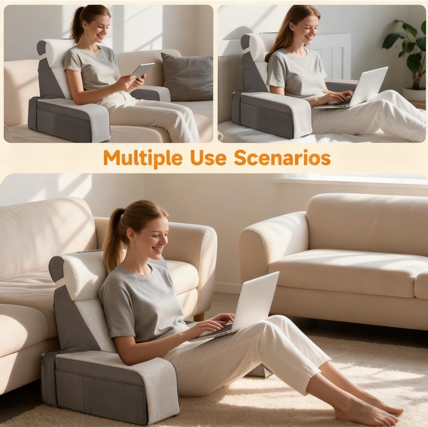 Almohada de lectura grande con soporte para el cuello y reposabrazos extraíbles, almohada de respaldo para cama, almohada de respaldo ergonómica con brazo, bolsillo y funda lavable para leer y ver televisión.