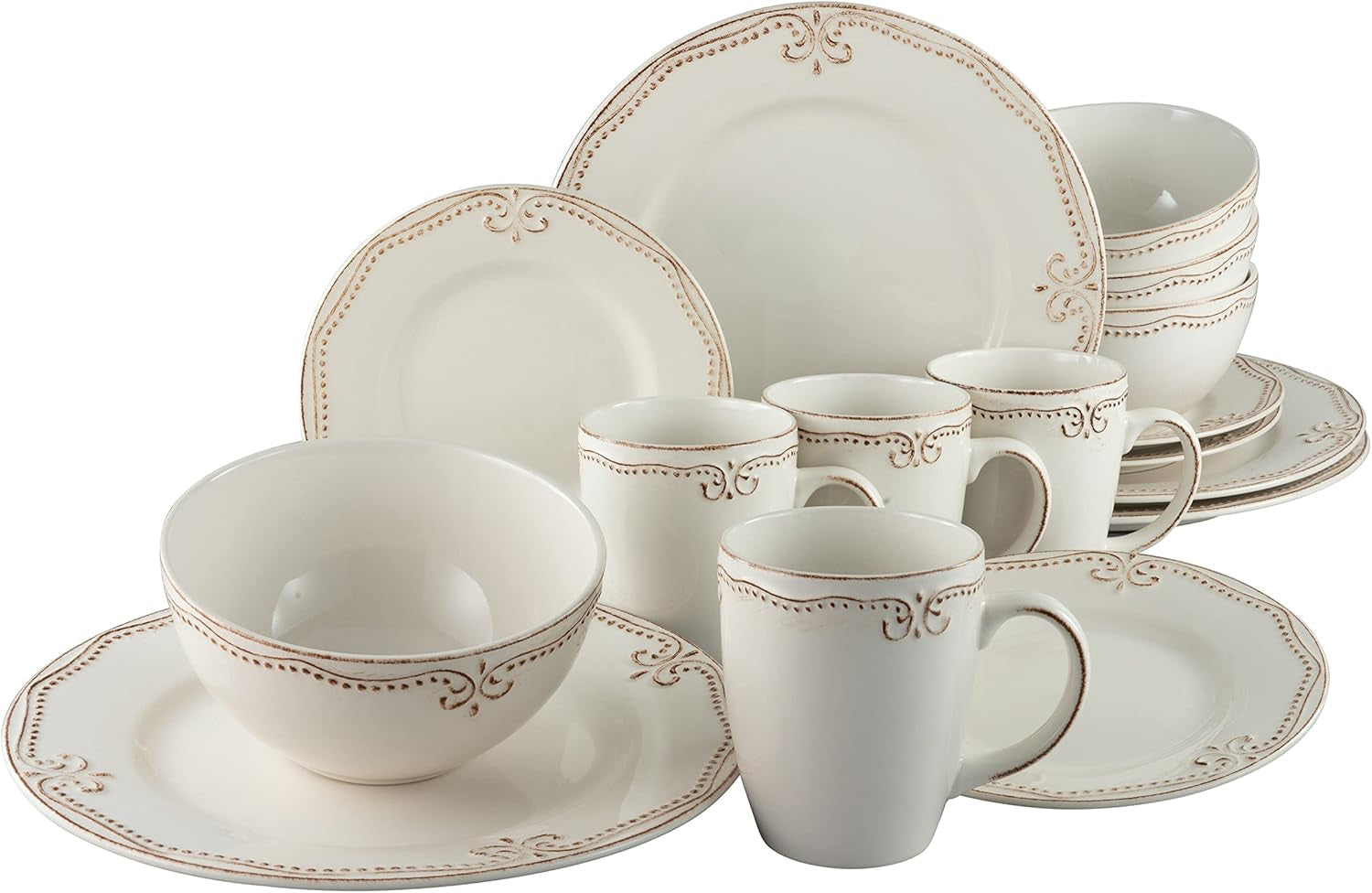 CreaTable, 23601, Serie Romantic Vintage, Vajilla de 16 piezas para 4, Servicio combinado de porcelana, Apto para lavavajillas y microondas, Fabricación de calidad