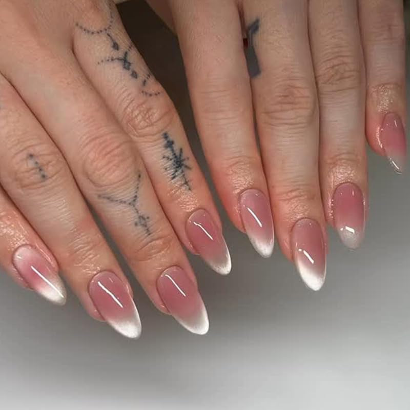 Moonglow Uñas Postizas Magnéticas Cortas, Rosa Almendra Rojo Degradado Brillo Ojo de Gato con Pegamento, Rosa Rojo Ombre Brillo Fototerapia Uñas Artificiales para Mujeres y Niñas