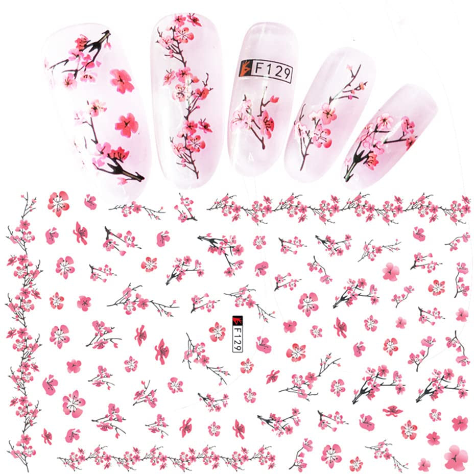 JMEOWIO Nagelsticker Frühling Blume 9 Blatt Nagelaufkleber Selbstklebend Rosa Blüte Nail Art Sticker Decoración Nageldesign Zubehör