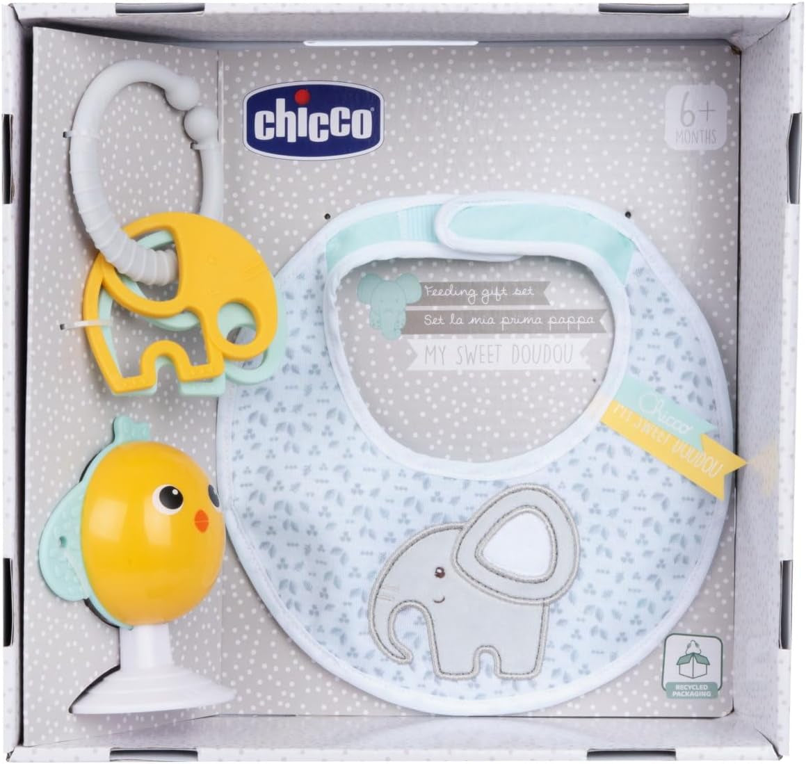Chicco set regalo comida Dou Dou, set babero, trona de juguete con ventosa en forma de simpático pollo, con dos sonajeros de colores, fácil de coger a partir de 6 meses Baby Toys Naty Shop Default title