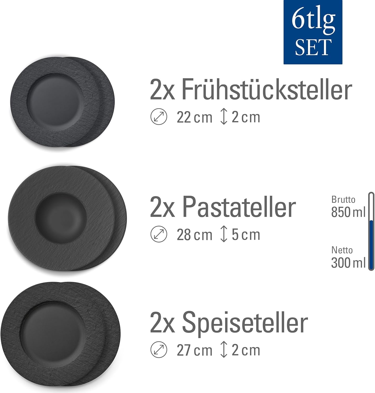 Villeroy & Boch - Vajilla Manufacture Rock, 6 Piezas, Vajilla para 2, Porcelana Premium, Negro