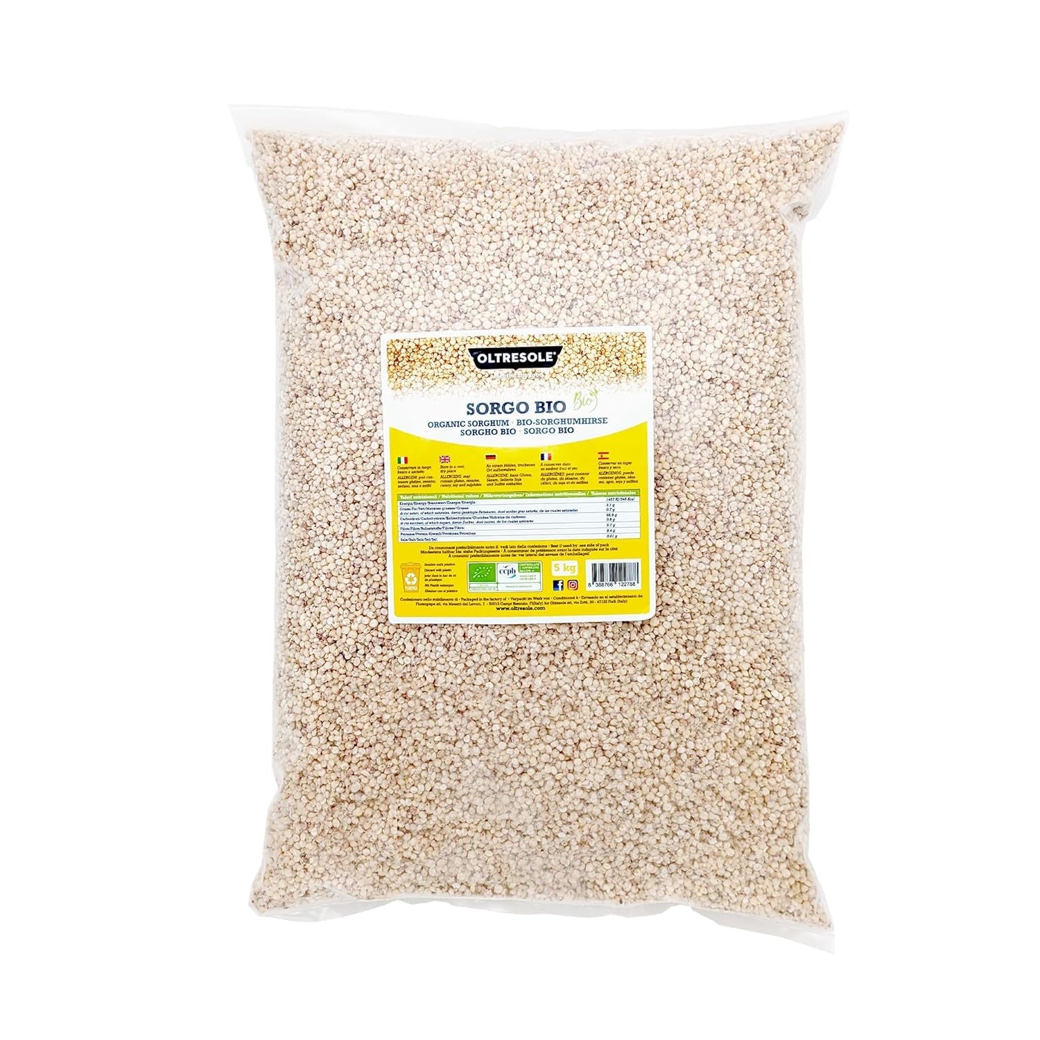 Sorgo blanco ecológico, 1 kg, sin cáscara, en grano crudo, cultivado ecológicamente en Italia, paquete ideal para la familia