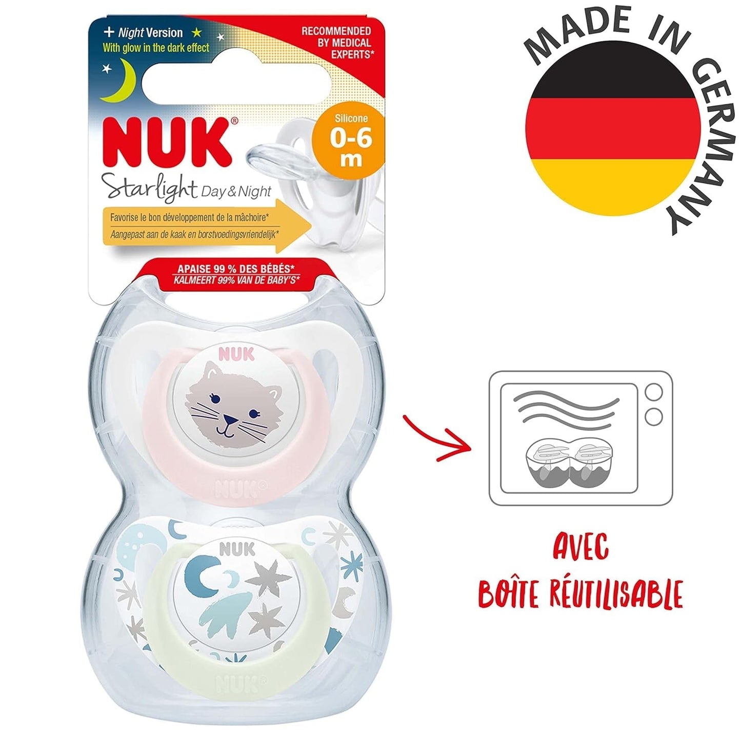 Chupete para bebé NUK Star Night & Day de 0 a 6 meses que brilla en la oscuridad, silicona sin BPA, gato rosa, paquete de 2