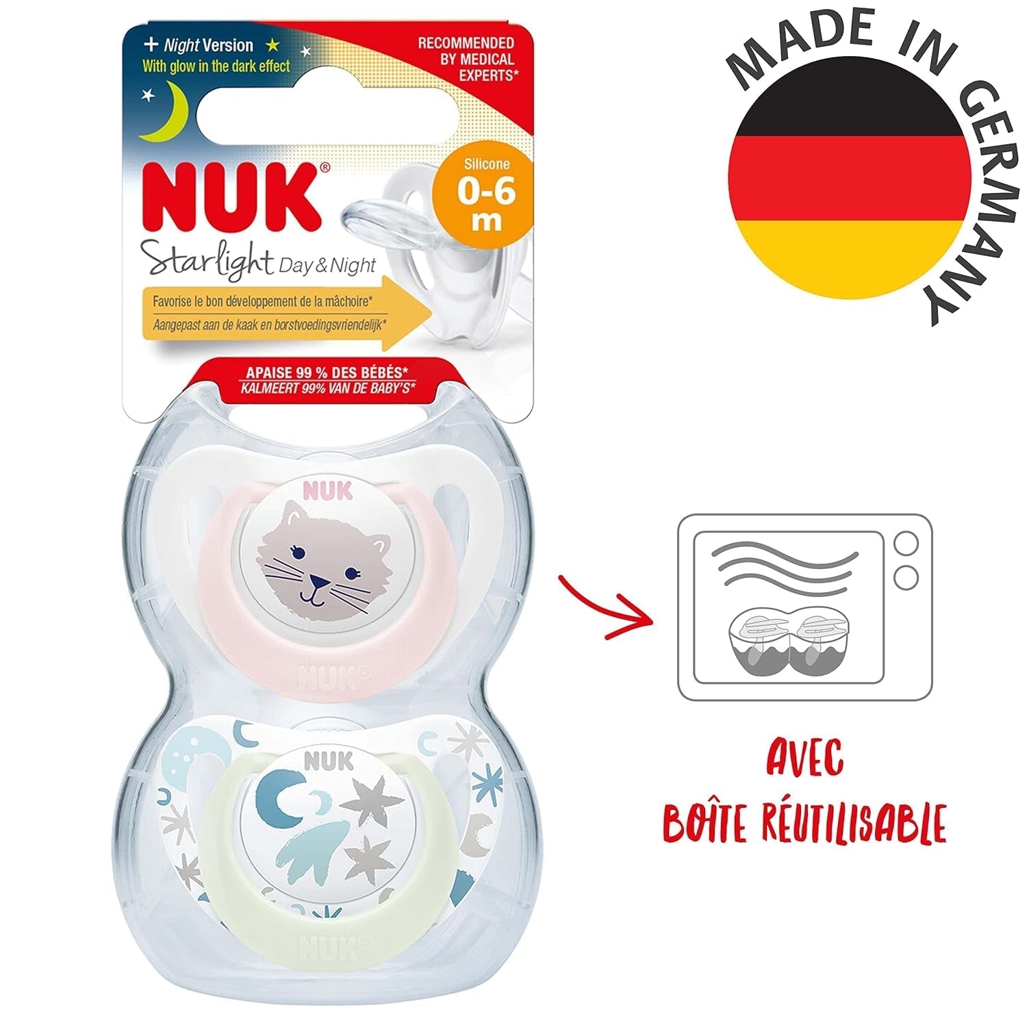 Chupete para bebé NUK Star Night & Day de 0 a 6 meses que brilla en la oscuridad, silicona sin BPA, gato rosa, paquete de 2