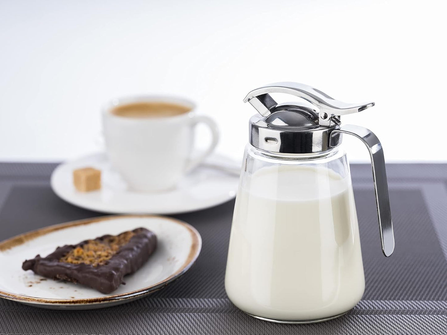 APS 765 Taza universal, taza de vidrio con tapón de rosca de acero inoxidable, taza para servir miel, crema de café u otros líquidos, 8,5 x 12 cm, 13 cm de alto