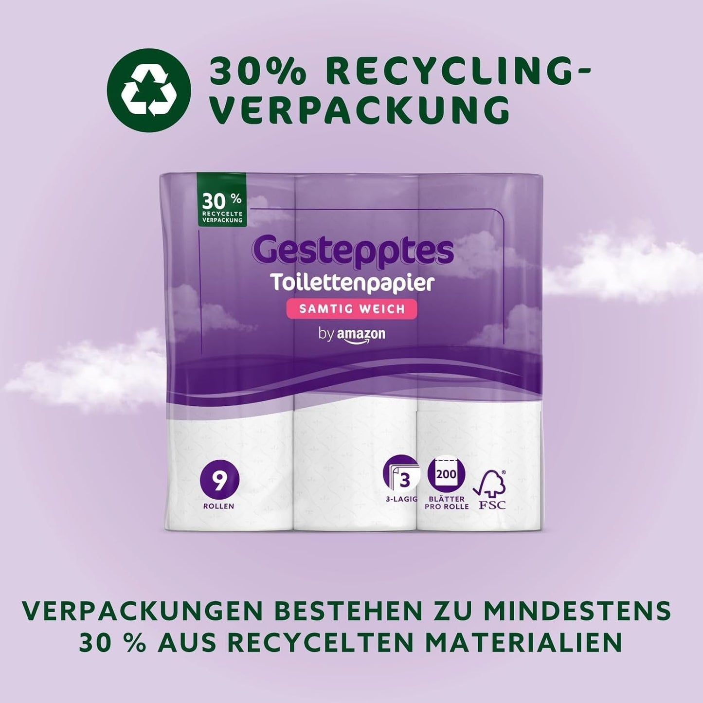By Amazon Papel higiénico, acolchado de 3 capas, suave aterciopelado, 36 rollos (9 rollos, paquete de 4), 200 hojas por rollo, certificado Fsc