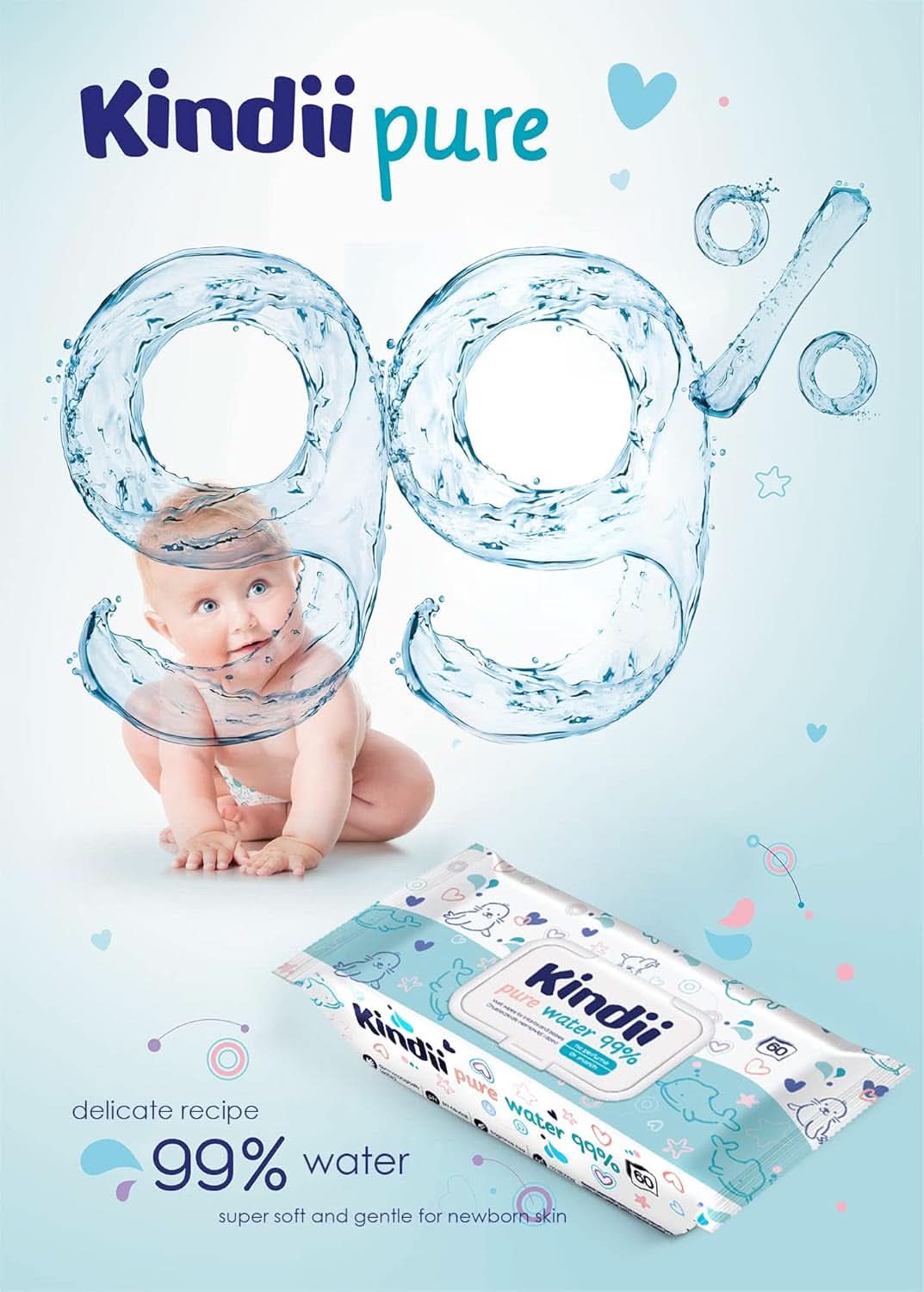 Kindii Feuchttücher Für Babies Und Kinder Pure Water 99% - 99%Ige Zusammenzeit Auf Wasserbasis - Allantoin - Unparfümiert - Dermatologisch Getestet - Für Empfindliche Haut - 720 Stück - 12X60 Stück Naty Shop