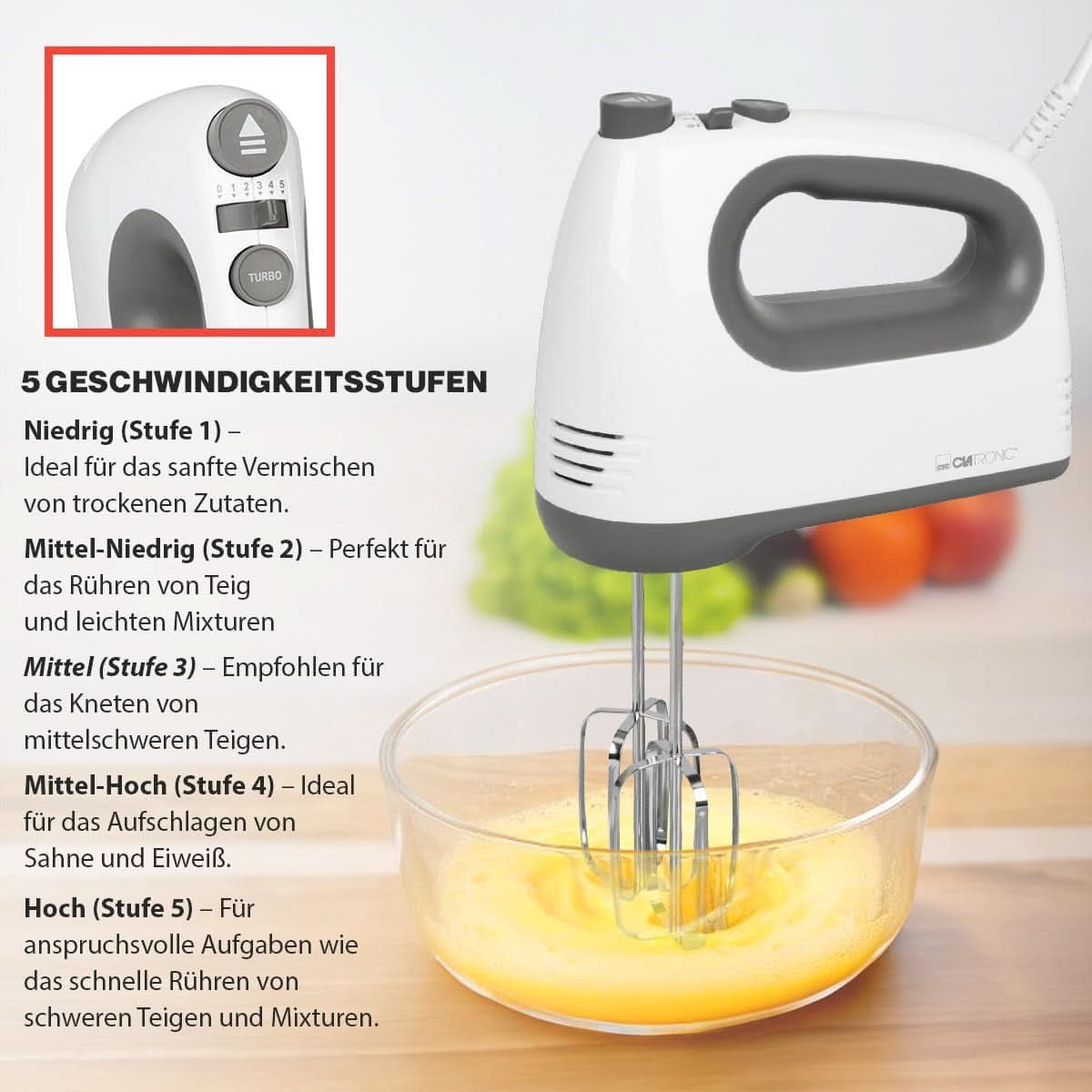 Mezclador Clatrónico | Motor Kraftvoller de 400 vatios | Batidora de mano | Turbostufe y 5 Geschwindigkeitsstufen | Batidora de mano | Spülmaschinengeeignete Edelstahlquirle Und -Knethaken | HM 3775 Cocina Tienda Naty
