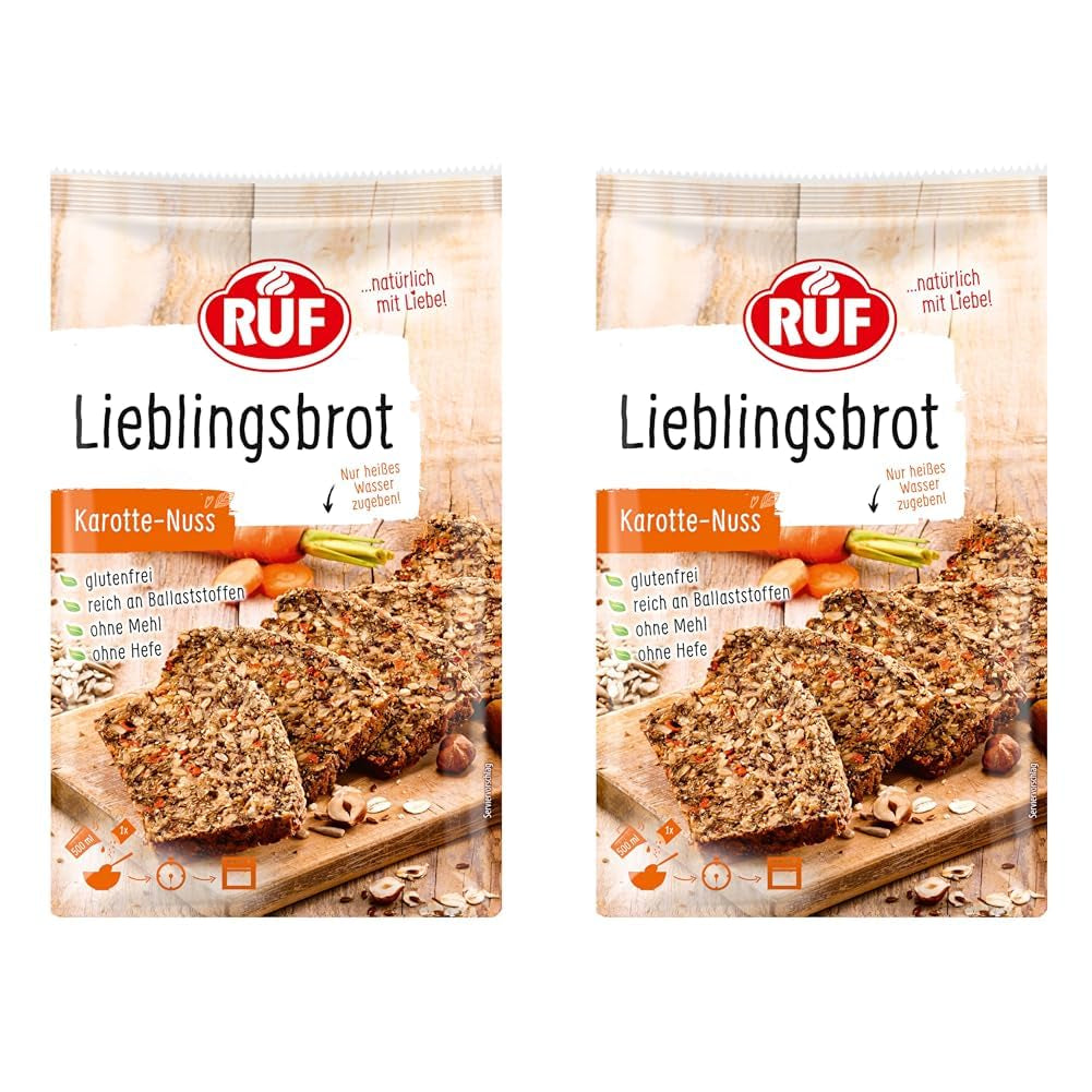 RUF Lieblingsbrot Protein, Brot-Backmischung, Brotmischung, Brotteig-Mischung, Proteinreiches Brot, Glutenfrei, Ohne Mehl & Hefe, 1 X 500G Naty Shop 600 G (paquete de 2) Karotte Nuss