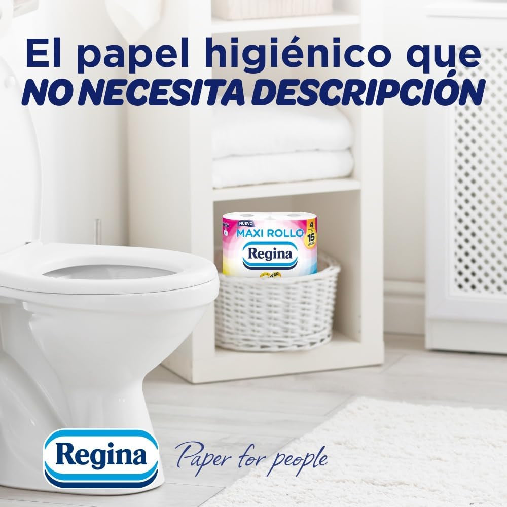 Regina Maxi Roll: 4 rollos de papel higiénico, 500 hojas de 2 capas por rollo, más de tres veces un rollo estándar, embalaje de plástico 60 % reciclado, papel 100 % certificado Fsc
