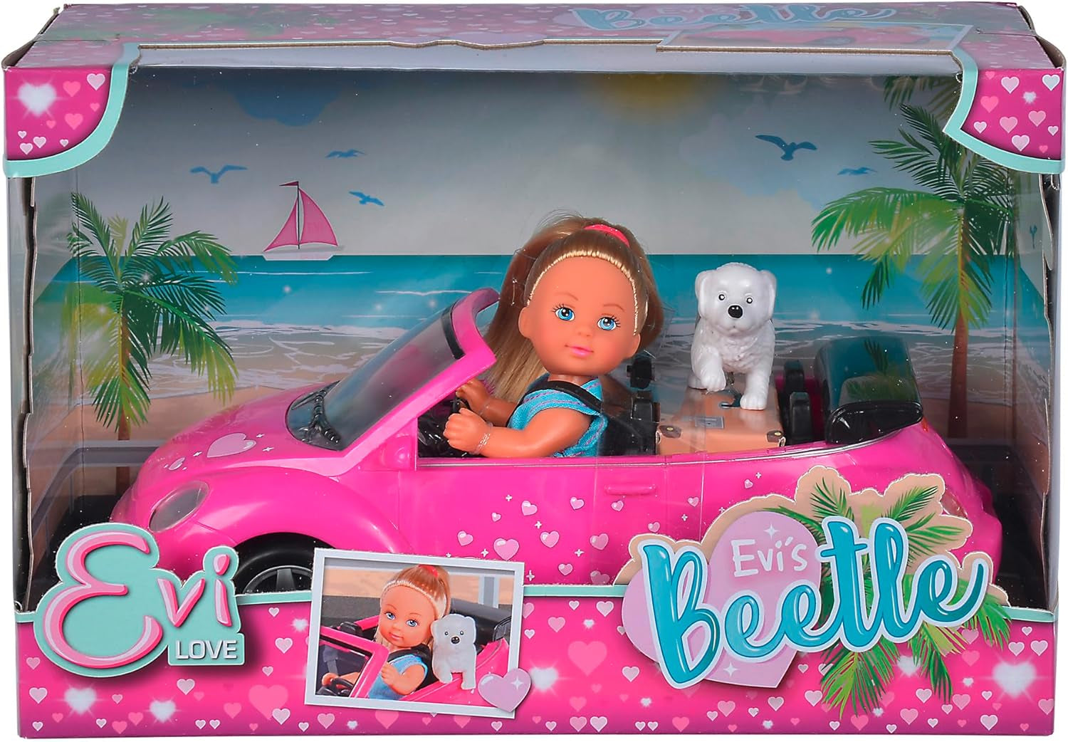 Simba 105731539 - Evi Love Beetle Evi's, Evi con coche, coche: 22 cm, con perro, muñeca de moda, 12 cm, para niños a partir de 3 años