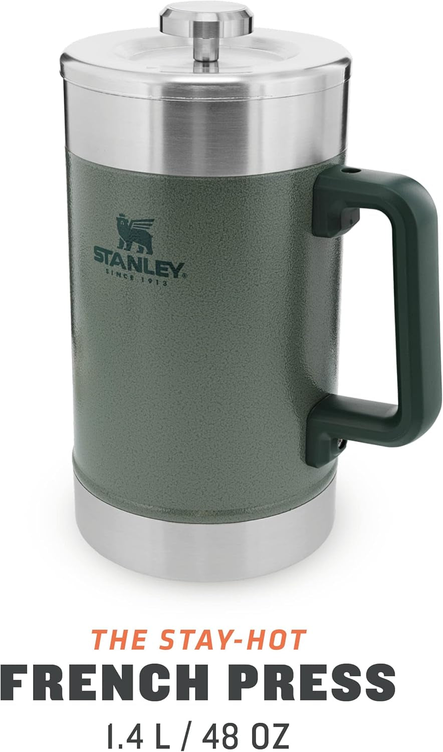 Prensa de café STANLEY Classic Stay Hot 1,4 L Hammertone Green - Mantiene el café caliente durante 4 horas - Mínimo sedimento - Prensa de café de acero inoxidable integrada - Sin BPA - Apto para lavavajillas