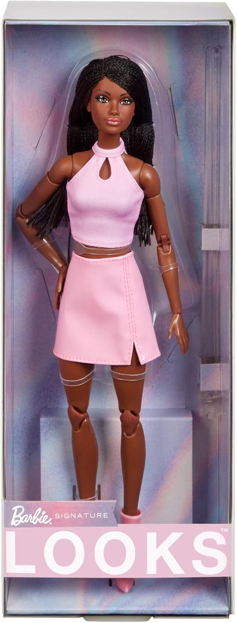 Muñeca Barbie Looks, figura coleccionable núm. 21 con cabello negro trenzado y moda moderna Y2K, blusa sin mangas rosa y falda de cuero sintético con botas, HRM13 Naty Shop Dolls Default Title