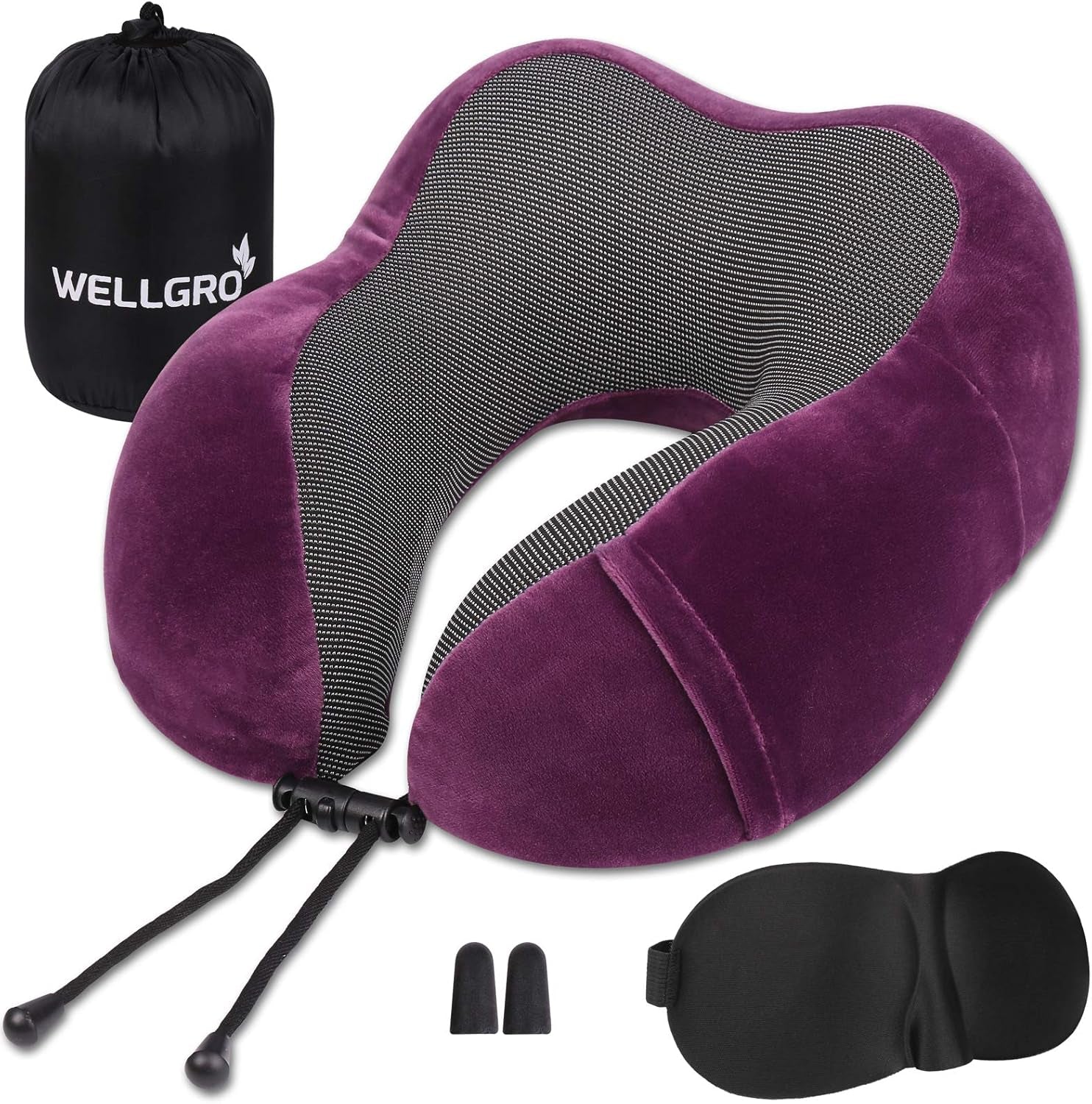 WELLGRO Juego de almohadas cervicales con antifaz para dormir 3D y tapones para los oídos - Funda extraíble - Espuma viscoelástica - Cierre de cremallera - Incluye bolsa de almacenamiento - Almohada de viaje - Color a elegir, Color:Gris Naty Shop Almohadas cervicales ortopédicas fucsia