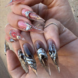 Mouyouglow-uñas largas Stiletto, color blanco lechoso, degradado, purpurina rosa, uñas postizas frescas con pegamento, uñas artificiales con purpurina rosa ombré