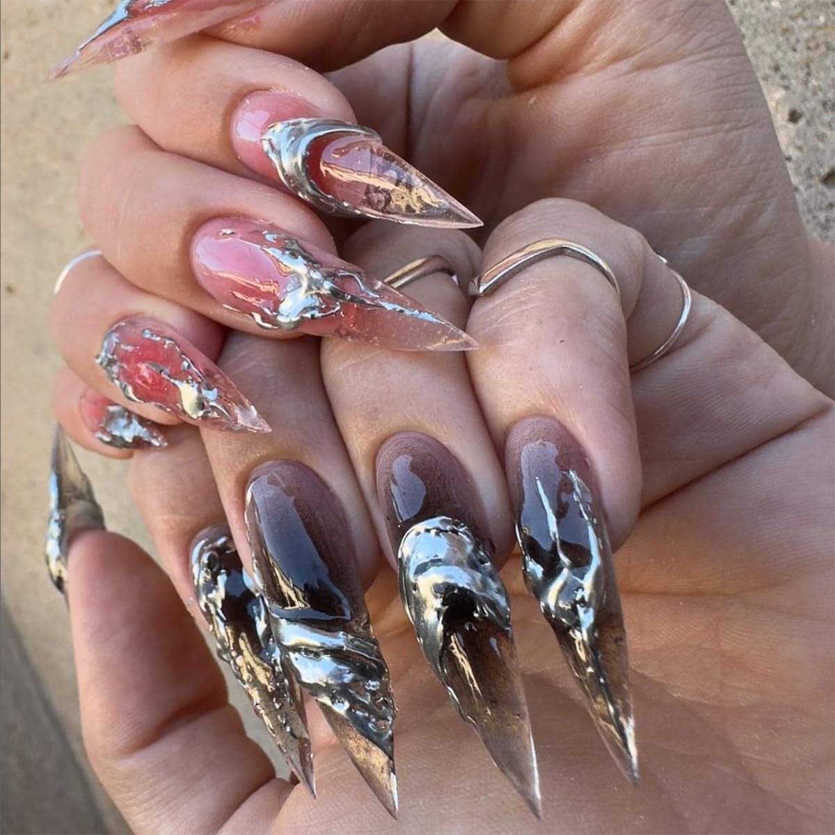 Mouyouglow-uñas largas Stiletto, color blanco lechoso, degradado, purpurina rosa, uñas postizas frescas con pegamento, uñas artificiales con purpurina rosa ombré