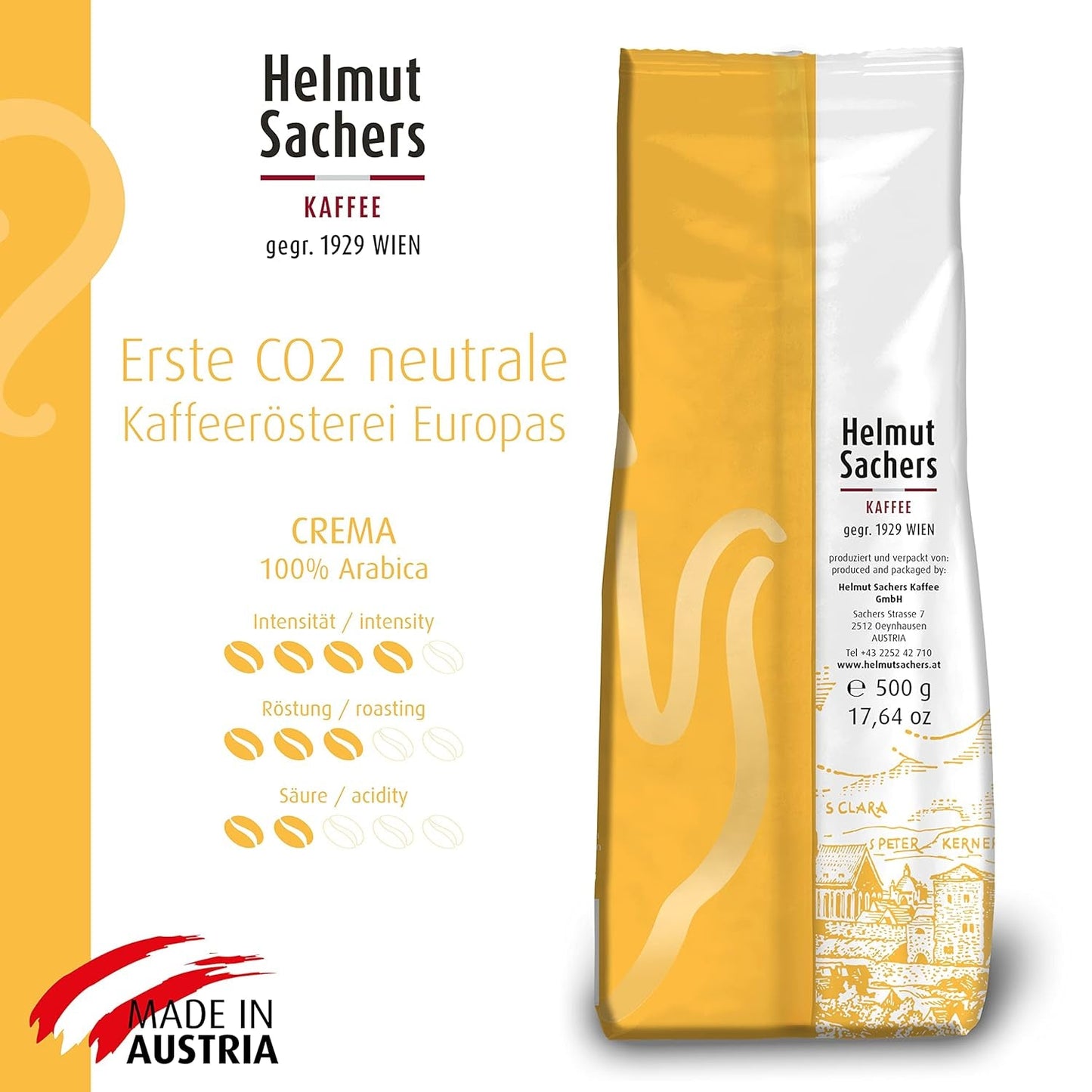 Café Helmut Sachers - Crema, concentración 4/5, 100% Arábica, granos de café enteros, 6 x 500 g