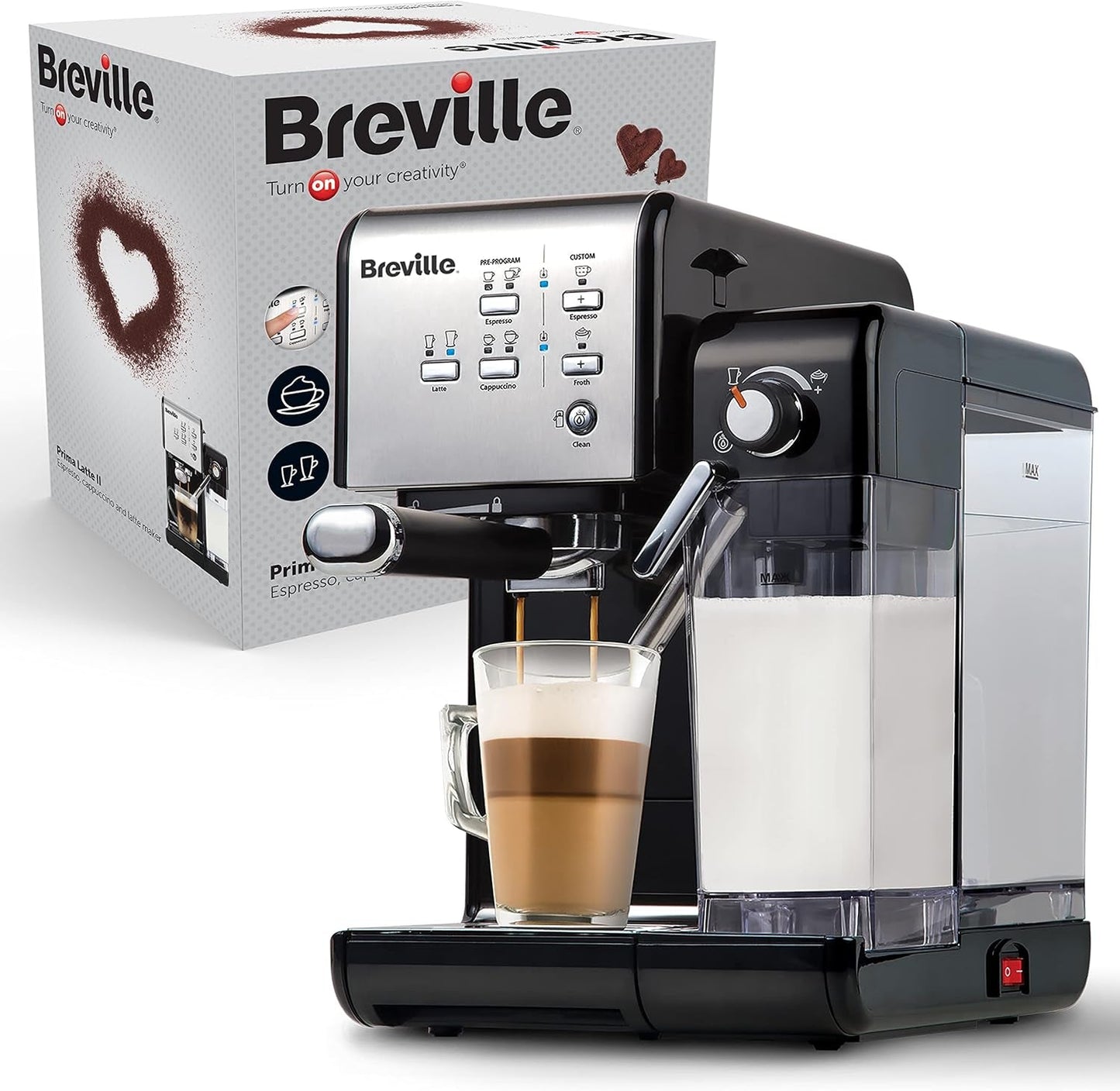 Café exprés Bréville Prima Latte II | Máquina de café con leche y capuchino | Bomba profesional con 15 bar y espumador de leche | Plata [VCF108X]