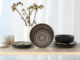 CreaTable, 23588, Serie MANDALA GOLD - Negro, Vajilla de 12 piezas, Juego de platos de porcelana, Apto para lavavajillas y microondas, Fabricación de calidad