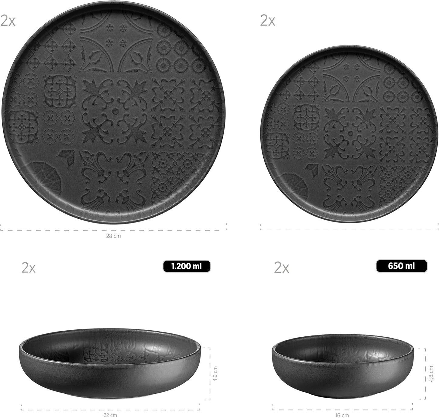 MÄSER 934064 Vajilla Moderna Vintage para 2, Diseño Morisco con Esmalte Mate, Vajilla de 8 Piezas, Platos y Cuencos de Cerámica de Alta Calidad, Gres, Negro