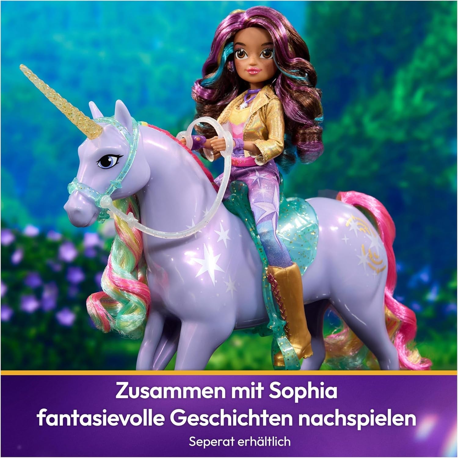Wildstar Unicorn de Unicorn Academy: unicornio Sophia original de 28 cm de altura de la serie de Netflix con melena y cola reales, brida, silla y cepillo extraíbles, para edades de 4 años en adelante