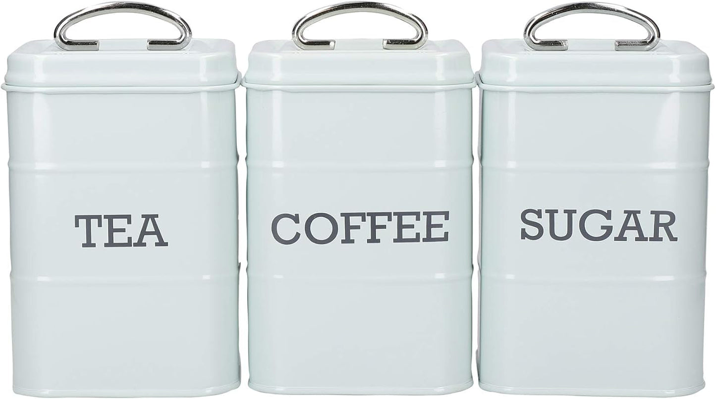 KitchenCraft Living Nostalgia Juego de 3 tarros de almacenamiento para té, azúcar y café en caja de regalo, acero crema envejecido, 11 cm x 11 cm x 17 cm, cajas de almacenamiento de alimentos azul vintage Naty Shop