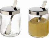 APS 40415 Olla para mostaza, juego de 2 unidades, Ø 5 cm cada una, A: 6 cm, vidrio, acero inoxidable, incl. cuchara y tapa