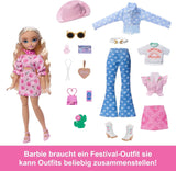 Conjunto de looks Barbie Dream Besties Festival, con muñeca Barbie Malibu con cabello largo y rubio para peinar y más de 10 prendas y accesorios removibles, JGH87
