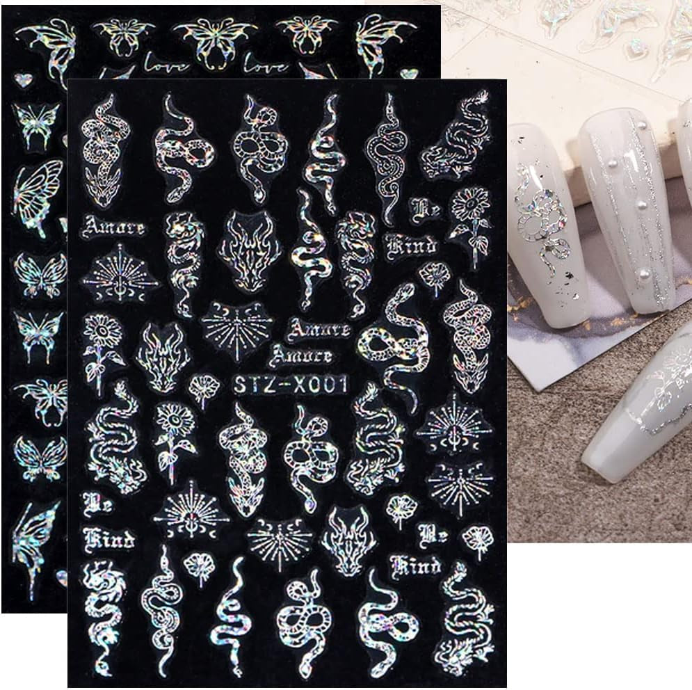6 Blatt Schmetterling Nagelsticker Selbstklebend Laser Silber Schmetterlings Nagelaufkleber 3D Aurora Silber Schwarz Schmetterlinge Nagel Pegatinas Frühling Nageldesign Nail Sticker Nail Art Zubehör