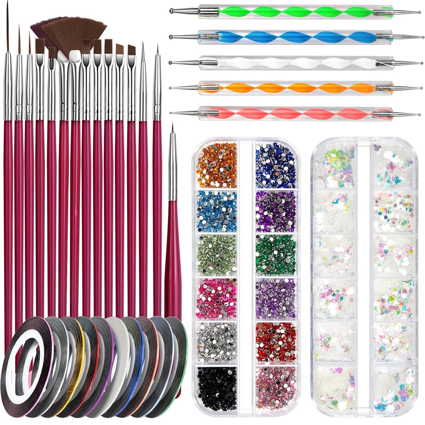 FANDAMEI Juego de Pinceles para decoración de uñas, Pinceles para uñas de Gel de 15 Piezas, bolígrafos de Puntos de 5 Piezas, Cintas de Cinta de 10 Rollos, Puntas de Strasssteine ​​​​Nägel, Paillettes Ultra Dünn para Manicura de Arte de uñas