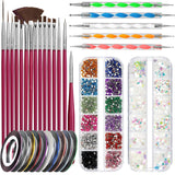 FANDAMEI Juego de Pinceles para decoración de uñas, Pinceles para uñas de Gel de 15 Piezas, bolígrafos de Puntos de 5 Piezas, Cintas de Cinta de 10 Rollos, Puntas de Strasssteine ​​​​Nägel, Paillettes Ultra Dünn para Manicura de Arte de uñas