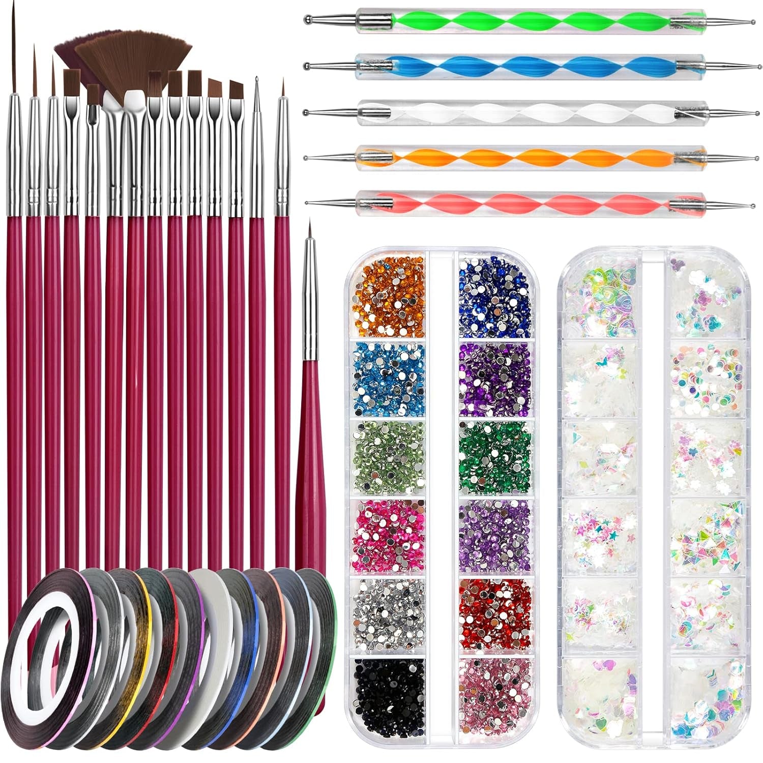 FANDAMEI Juego de Pinceles para decoración de uñas, Pinceles para uñas de Gel de 15 Piezas, bolígrafos de Puntos de 5 Piezas, Cintas de Cinta de 10 Rollos, Puntas de Strasssteine ​​​​Nägel, Paillettes Ultra Dünn para Manicura de Arte de uñas