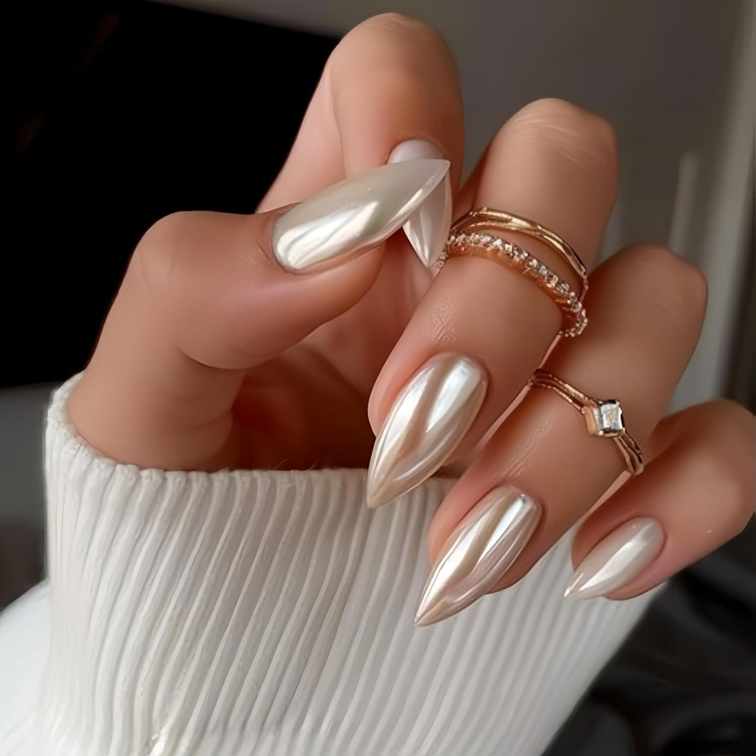 Uñas Cromadas Autoadhesivas - Pegamento Con Brillo Marrón Almendra Mediano En Las Uñas Uñas Postizas Con Brillo Pegamento En Uñas Artificiales Uñas Acrílicas Esmaltadas Para Mujeres 24 Piezas