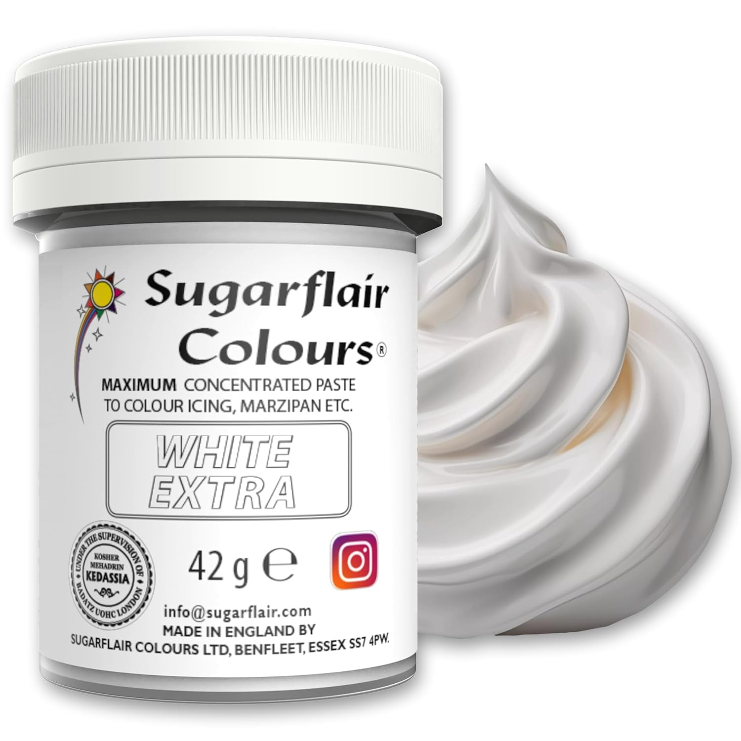 Colorante alimentario Sugarflair Max Concentrated White Extra, colorante alimentario altamente concentrado para mazapán y fondant, colorante en pasta Max Concentrate - 42 g