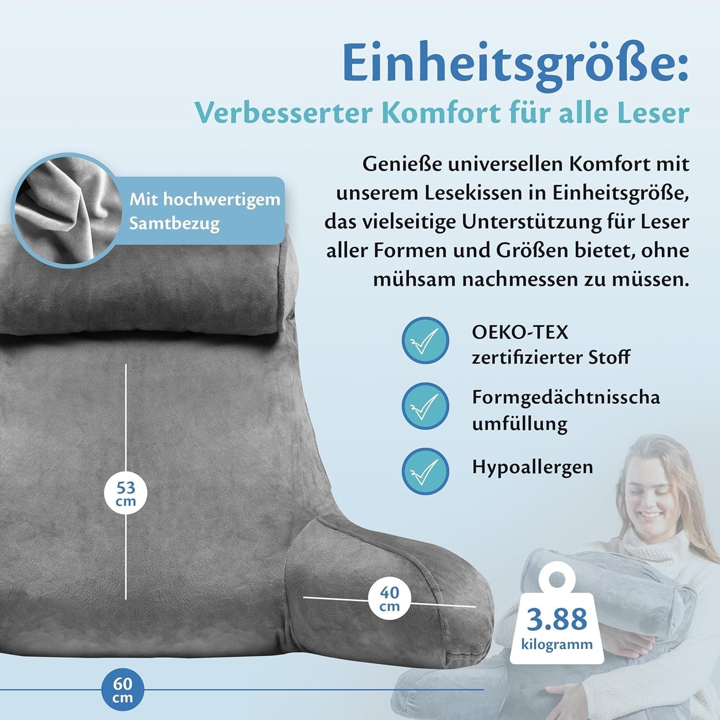 Ella Almohada de Lectura para Cama y Sofá con Rollo para el Cuello Desmontable - Almohada de Respaldo para Cama - Almohada de Lectura de Espuma Viscoelástica con Reposabrazos, Ideal para Leer, Ver TV, Relajarse o Como Respaldo - Gris