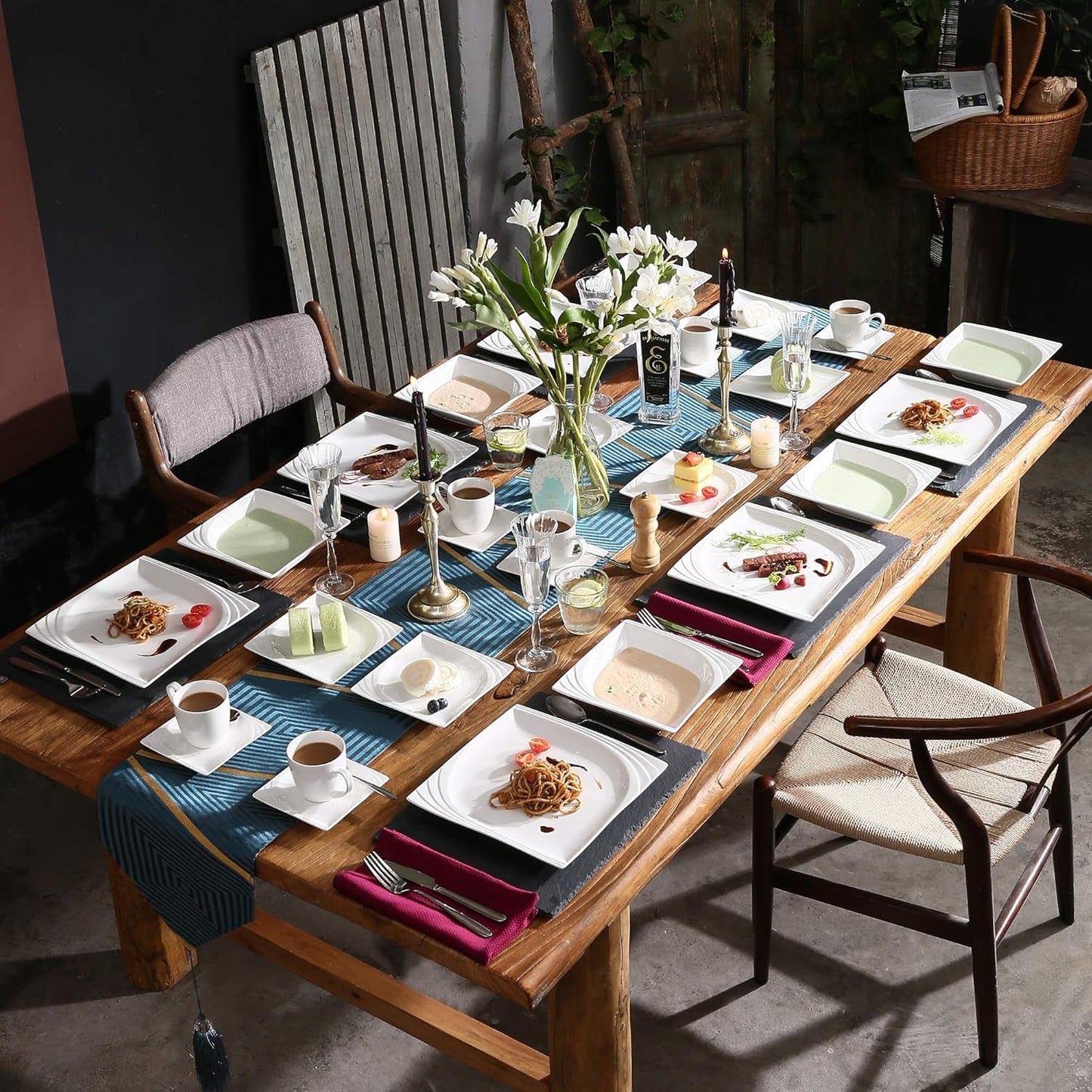 MALACASA, Serie Monica, Vajilla para 12 personas, Porcelana blanco-crema, Servicio combinado con 12 tazas de café, 12 platillos, 12 platos de postre, 12 platos llanos y 12 platos llanos