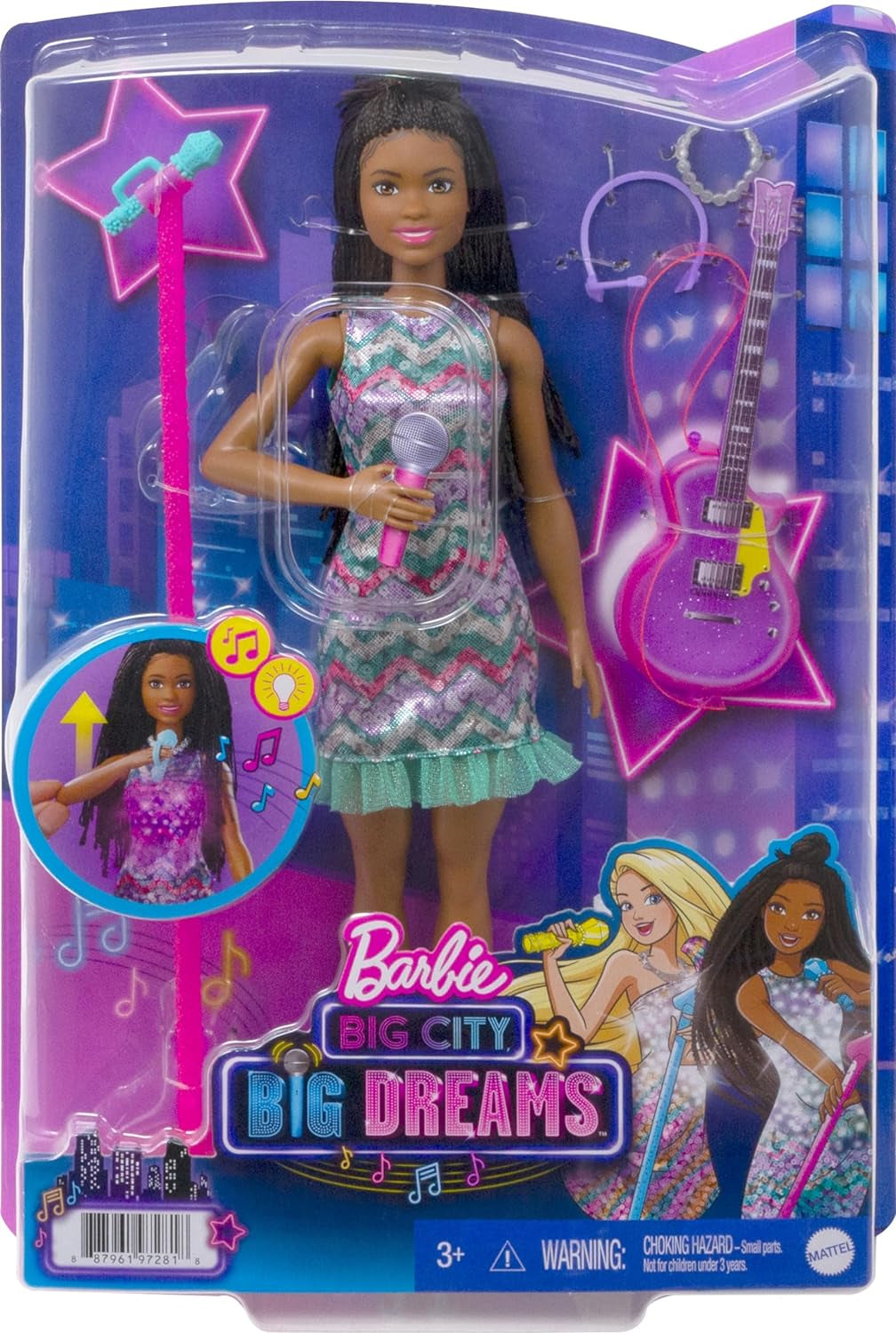 Barbie GYJ22 - escenario gratuito para la muñeca Big Dream Brooklyn (aprox. 30 cm, coletas marrones) con canciones de películas, luces, micrófono y accesorios, regalo para niños a partir de 3 años Naty Shop Dolls