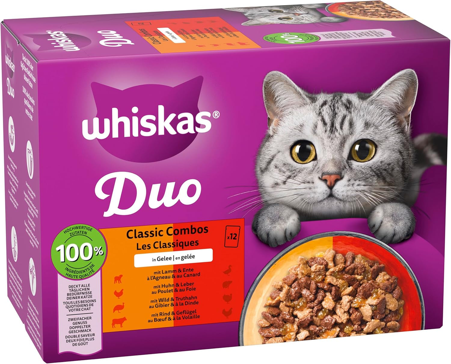 WHISKAS Duo Sachets para porciones de comida húmeda, paquete múltiple, combinación clásica en gelatina, 12 x 85 g