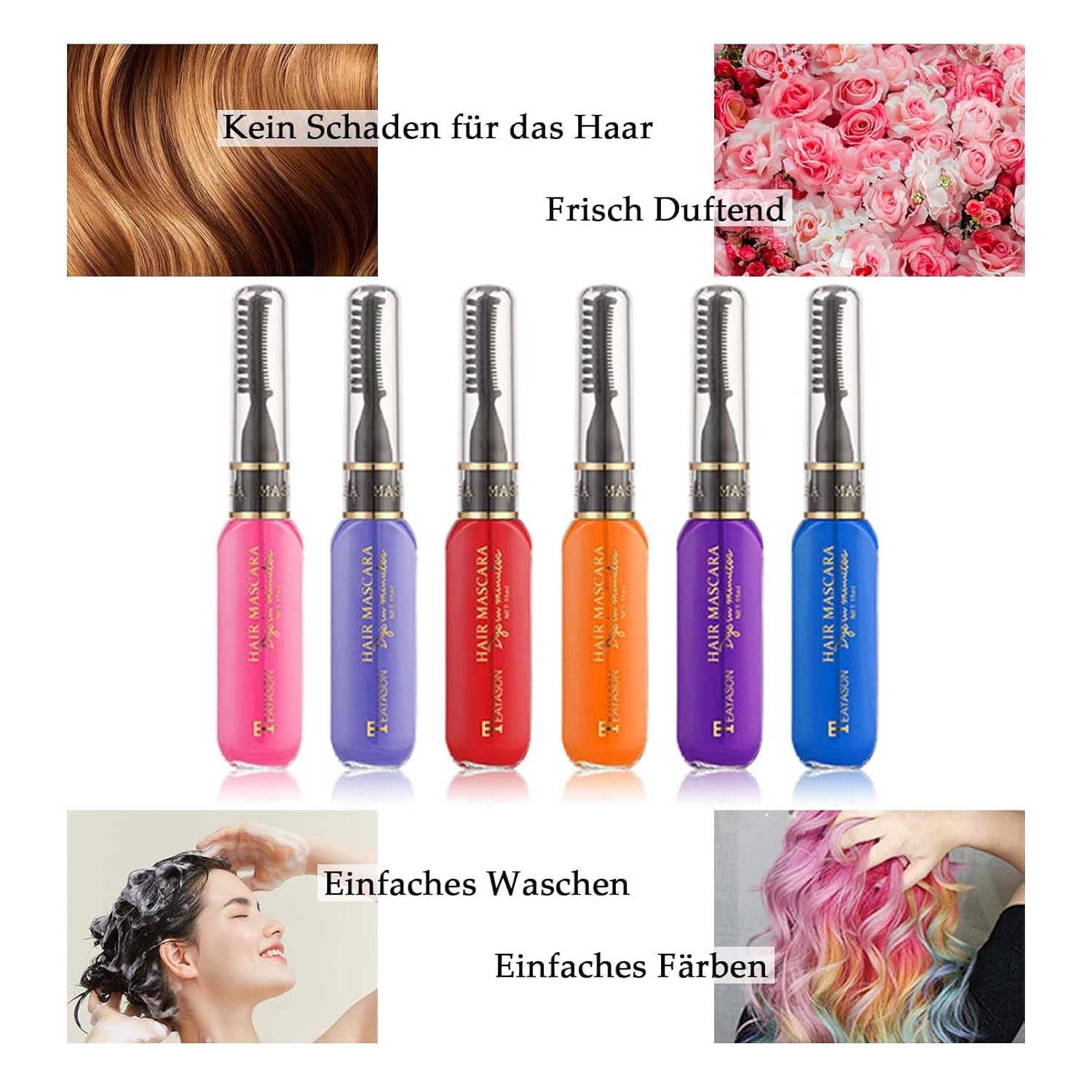 Tinte para el cabello instantáneo, 6 colores, máscara temporal para el cabello para niñas y mujeres, tiza para el cabello lavable, máscara para el cabello con arcoíris, tinte para el cabello para carnaval, Halloween, fiesta de cosplay, cumpleaños (A) Naty Shop Tinte para el cabello