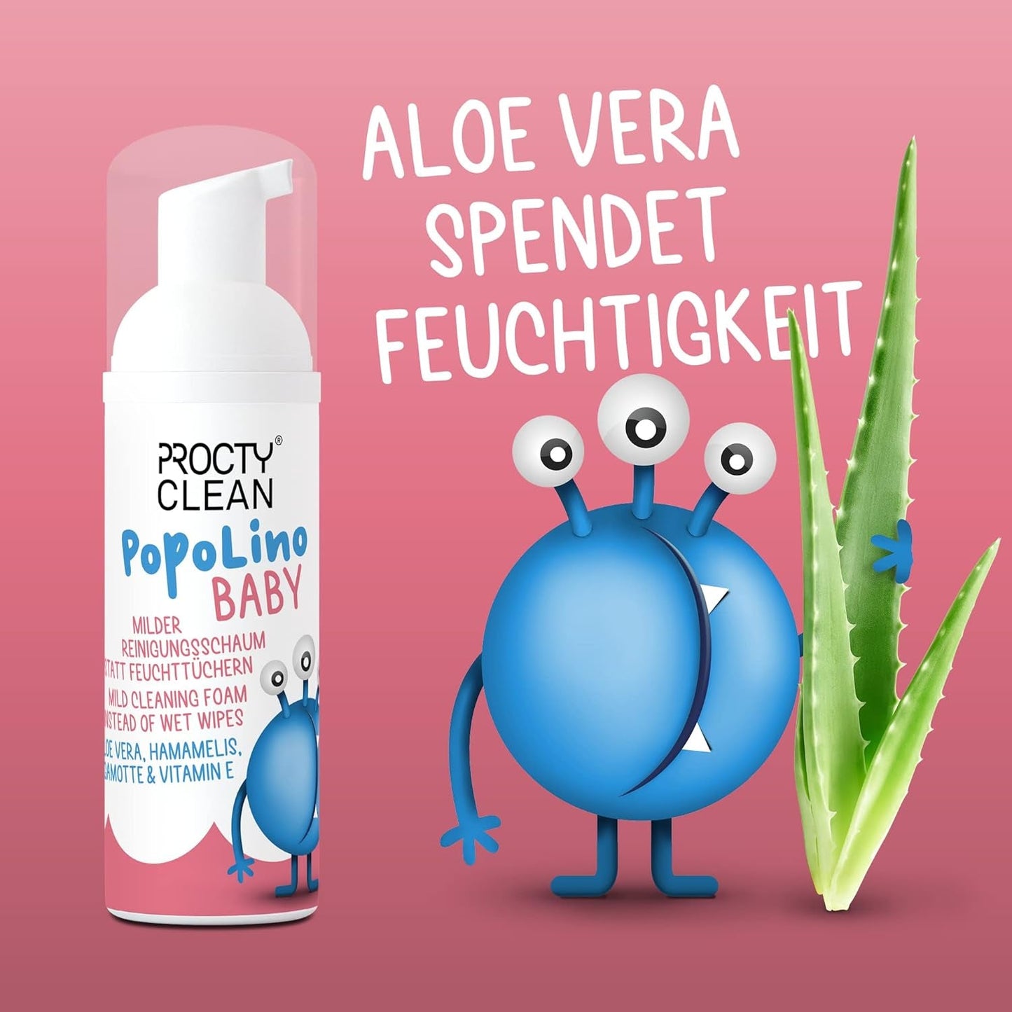 Espuma de fondo suave PopoLino Baby en lugar de toallitas húmedas para bebés. Vegan and natural cosmetic cleansing foam! Espuma para culitos con aloe vera, hamamelis, bergamota y vitamina E. Hace felices los culitos y el medio ambiente.